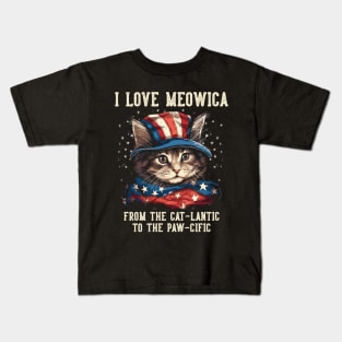 4th July Cat Lover, I Love Meowica Cute Patriotic Cat Kids T-Shirt